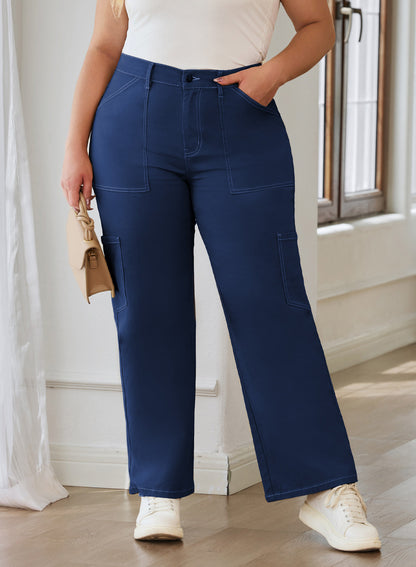 Straight Leg Loose Cut Denim Pants with Cargo Pockets for Women