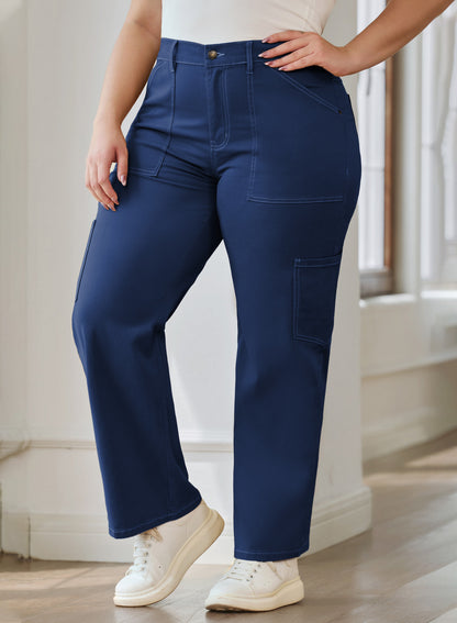 Straight Leg Loose Cut Denim Pants with Cargo Pockets for Women