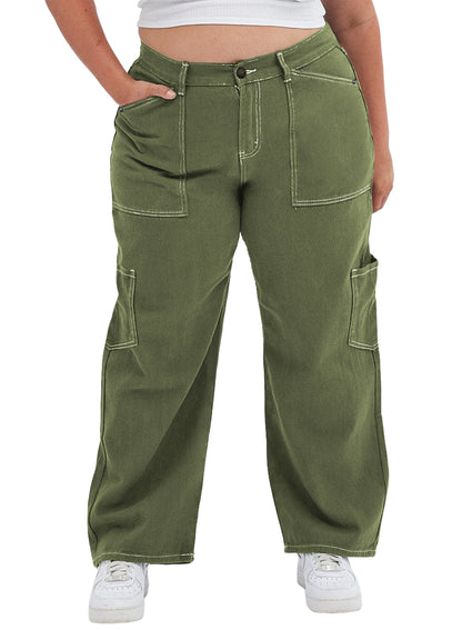 Straight Leg Loose Cut Denim Pants with Cargo Pockets for Women