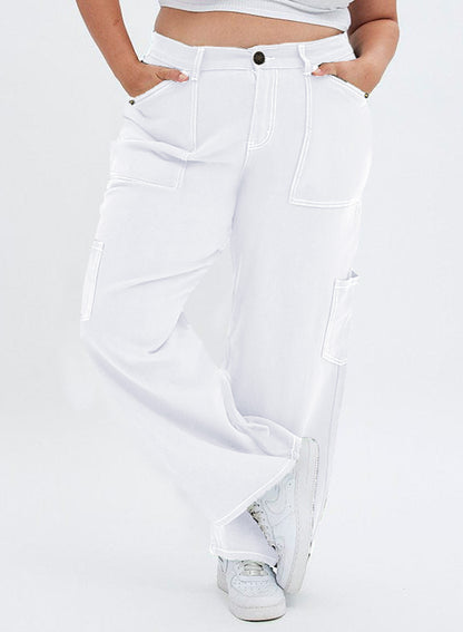 Straight Leg Loose Cut Denim Pants with Cargo Pockets for Women
