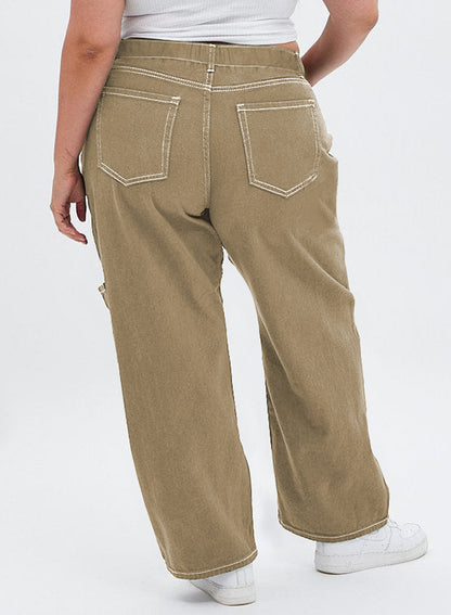 Straight Leg Loose Cut Denim Pants with Cargo Pockets for Women
