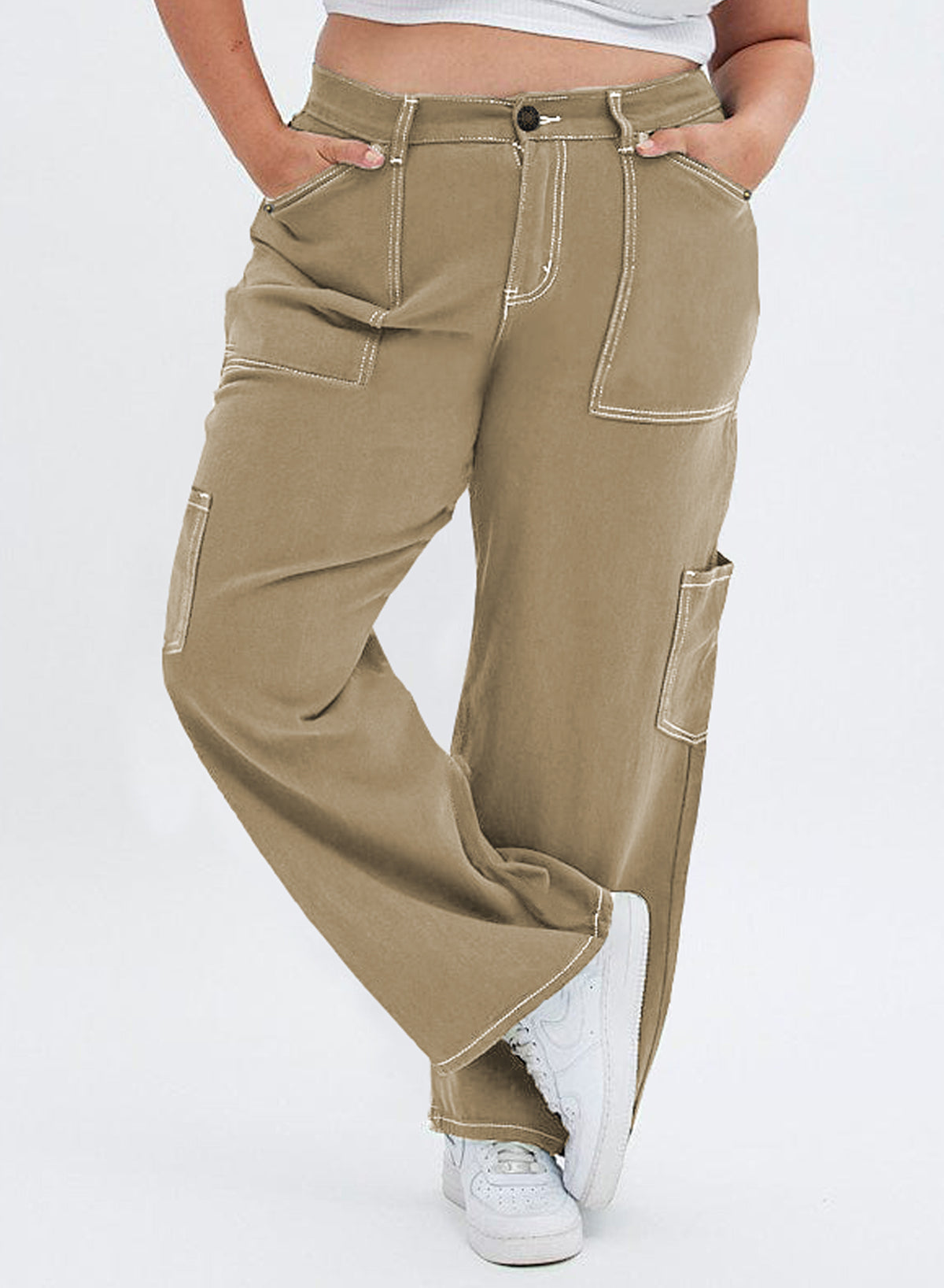 Straight Leg Loose Cut Denim Pants with Cargo Pockets for Women
