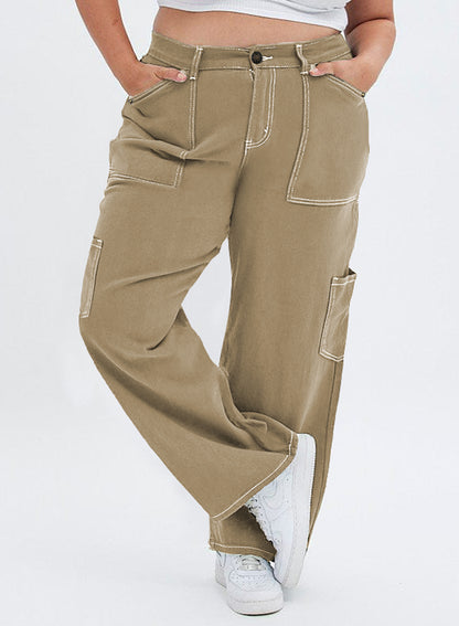 Straight Leg Loose Cut Denim Pants with Cargo Pockets for Women