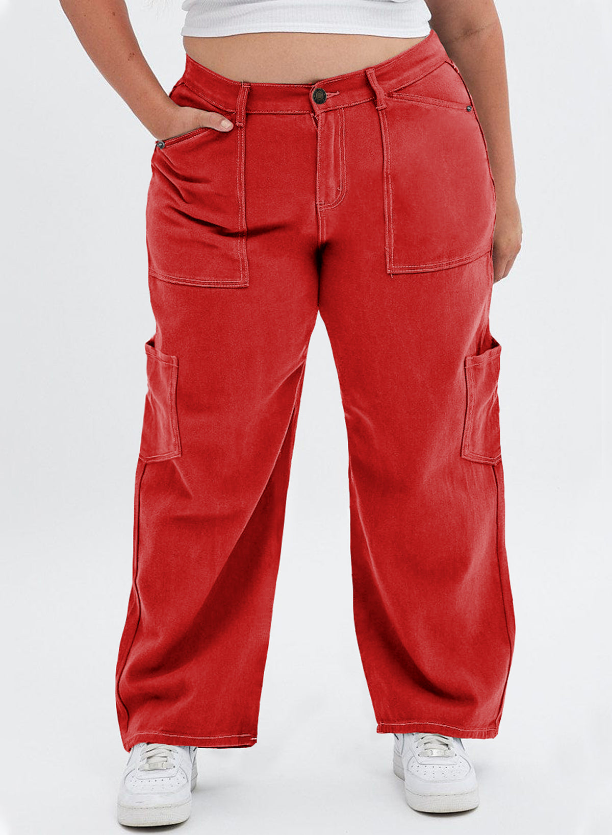 Straight Leg Loose Cut Denim Pants with Cargo Pockets for Women