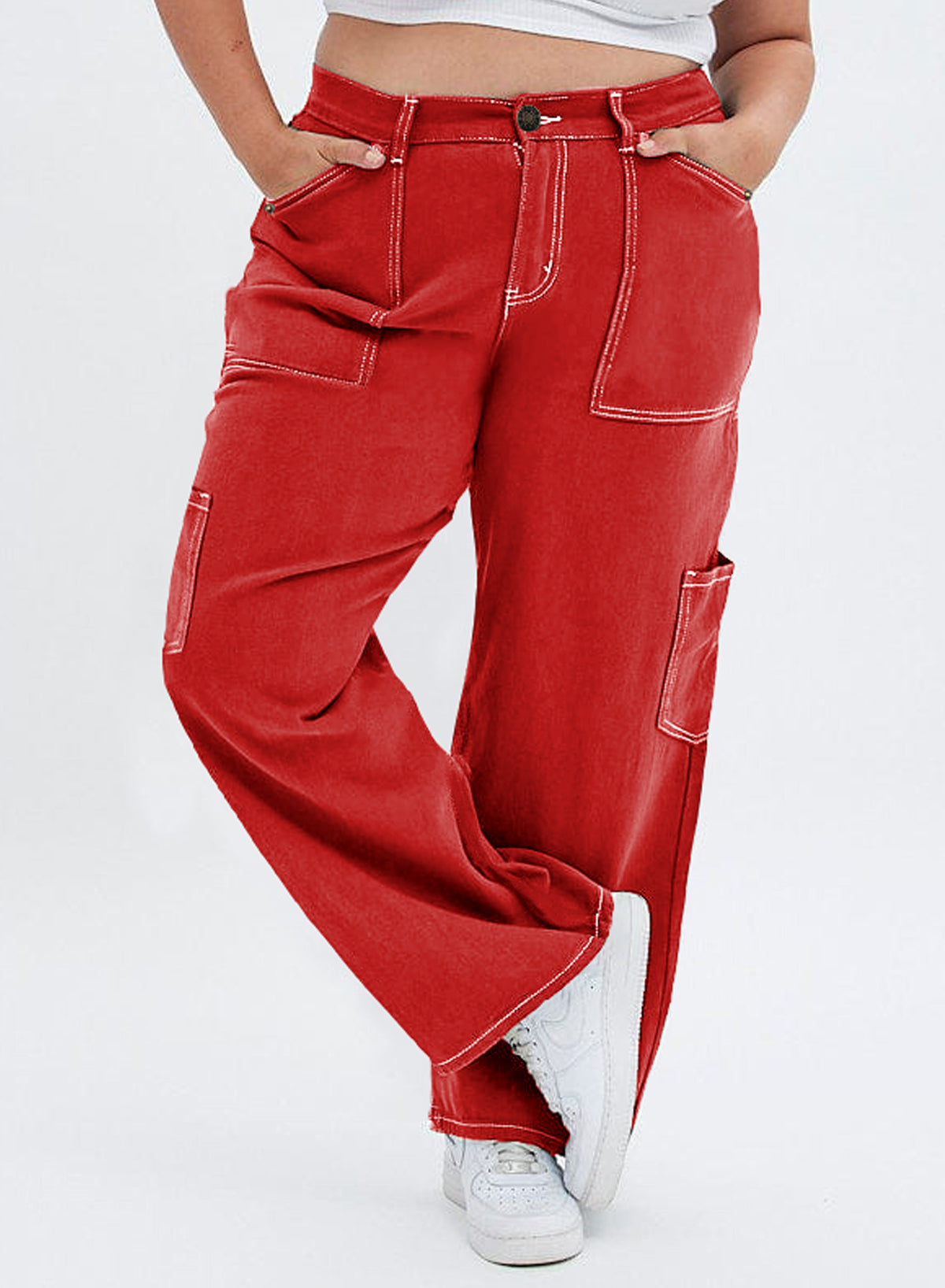 Straight Leg Loose Cut Denim Pants with Cargo Pockets for Women