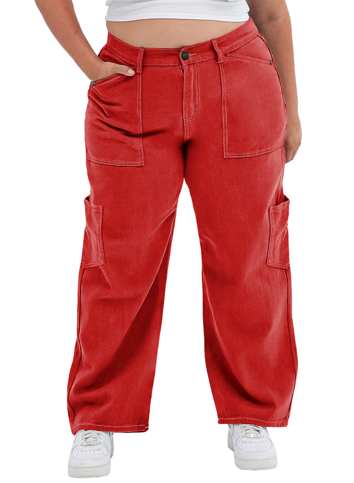 Straight Leg Loose Cut Denim Pants with Cargo Pockets for Women