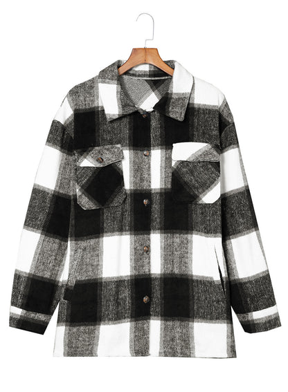 New Women's Tweed Tops Casual Long Sleeve Plaid Jacket