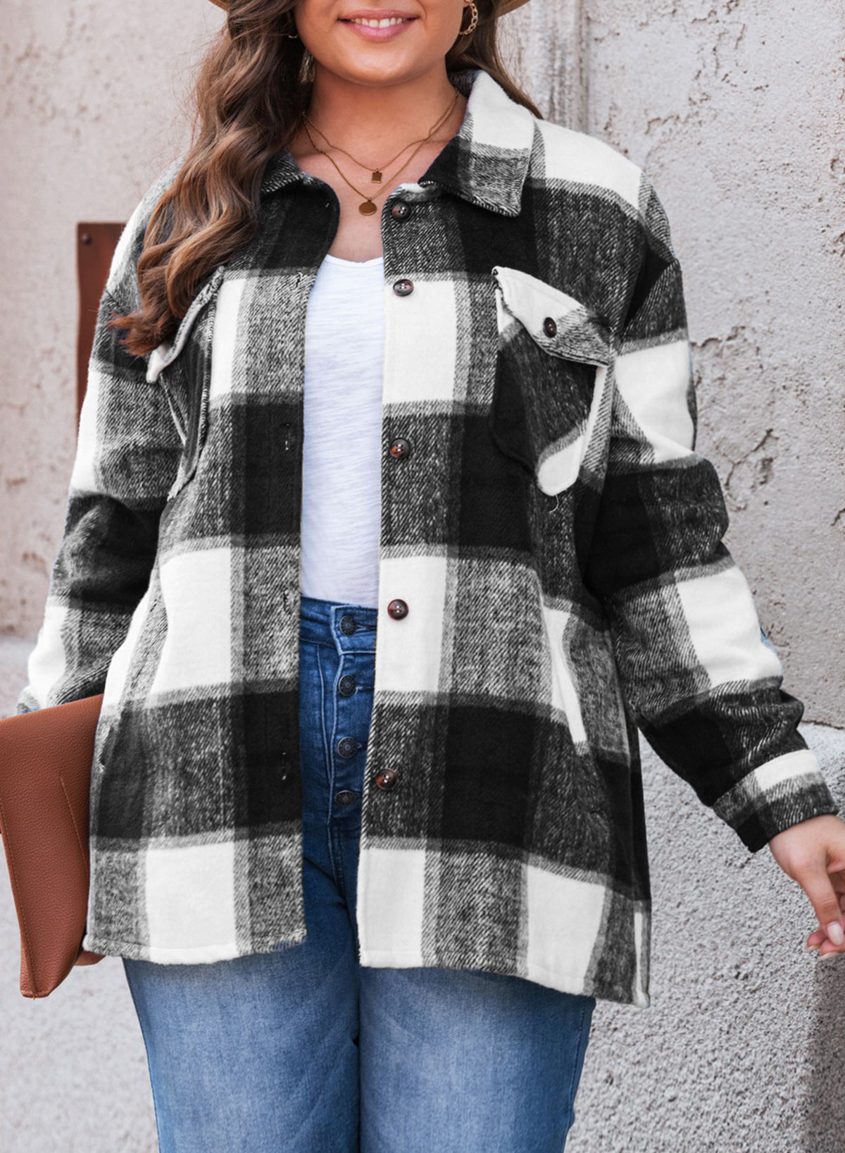 New Women's Tweed Tops Casual Long Sleeve Plaid Jacket