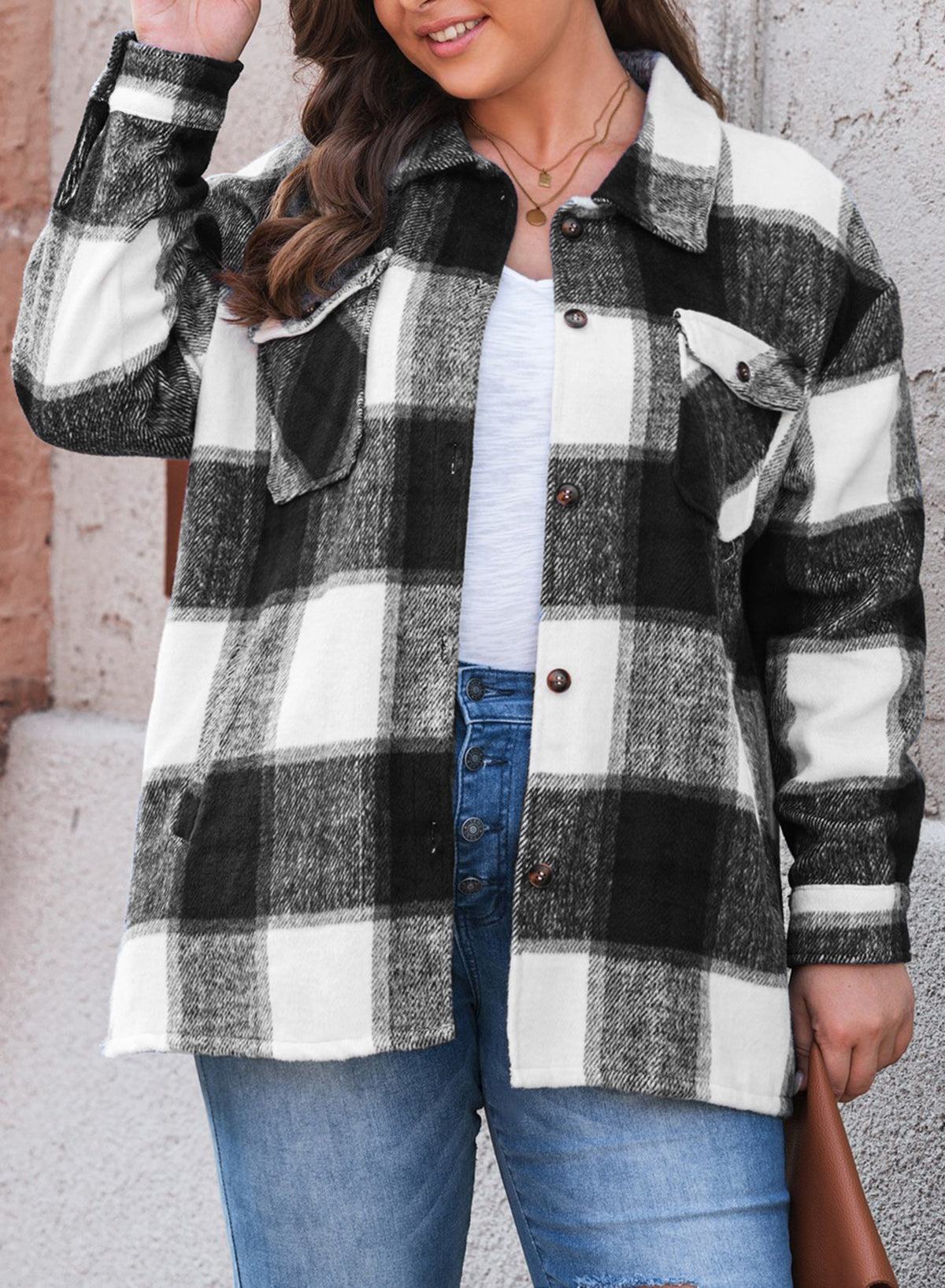 New Women's Tweed Tops Casual Long Sleeve Plaid Jacket