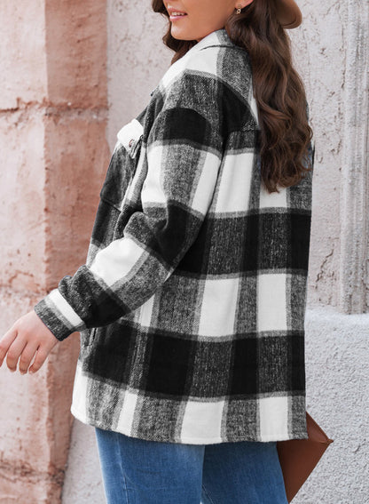 New Women's Tweed Tops Casual Long Sleeve Plaid Jacket