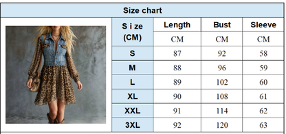 Leopard Chiffon Denim Patchwork Long Sleeve Dress