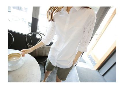 Women's Eyelet Cotton Blouse Plus Size Long Sleeve