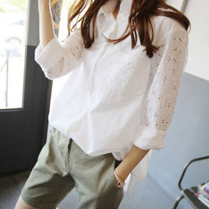 Women's Eyelet Cotton Blouse Plus Size Long Sleeve