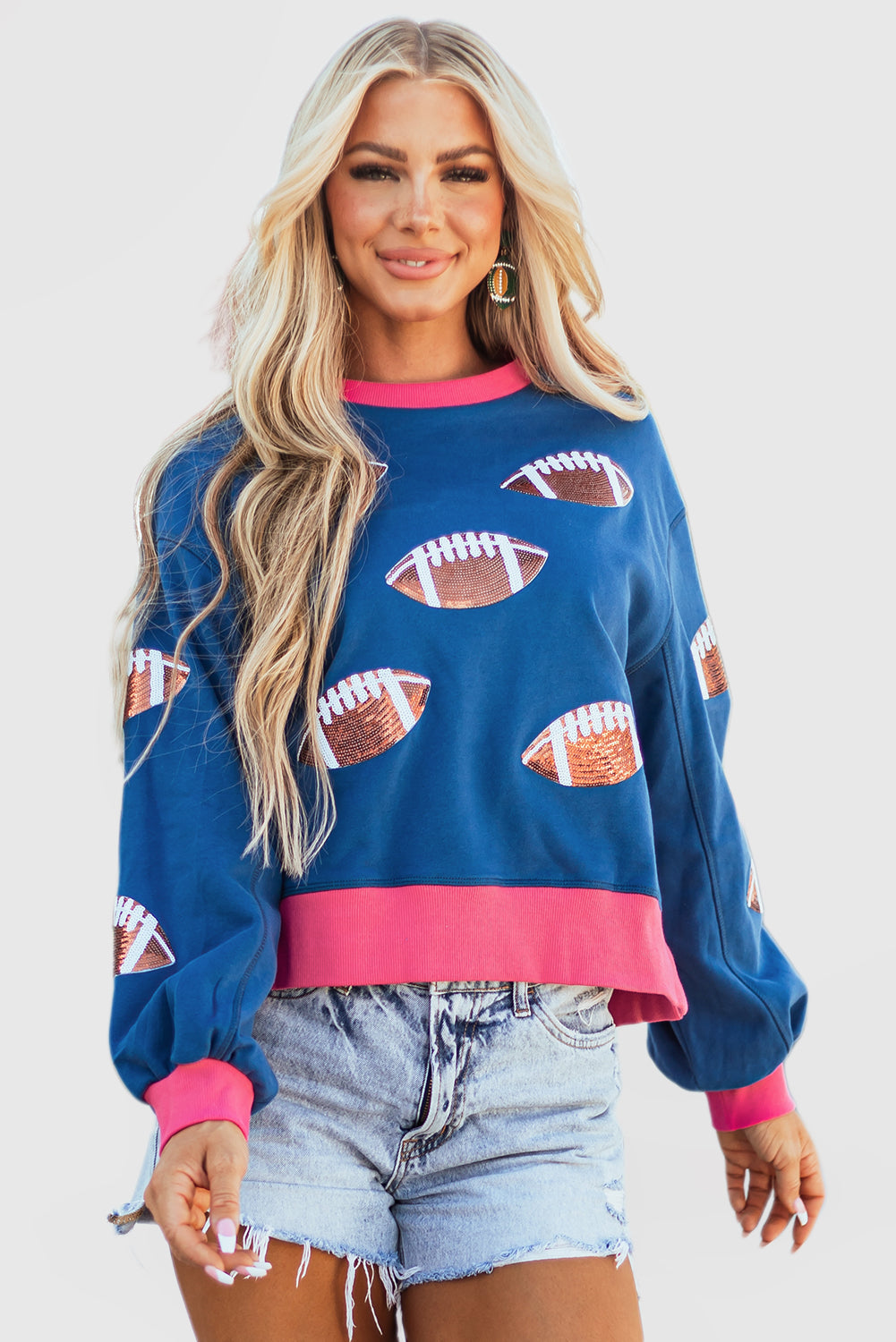 Sequin Color Block Bubble Sleeve Rugby Sweatshirt