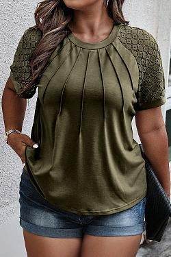 Women's Plus Size Contrast Lace Short Sleeve Tee Round Neck Summer T Shirt Tops