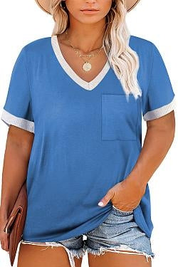 T Shirt Short Sleeve V Neck Loose Casual Top with Pocket Plus Size