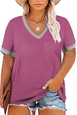 T Shirt Short Sleeve V Neck Loose Casual Top with Pocket Plus Size