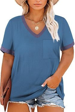 T Shirt Short Sleeve V Neck Loose Casual Top with Pocket Plus Size