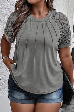 Women's Plus Size Contrast Lace Short Sleeve Tee Round Neck Summer T Shirt Tops