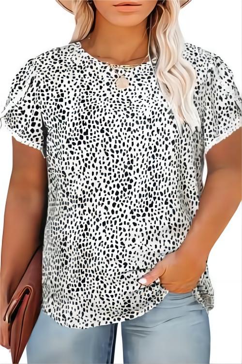 Womens Cute Floral Print Casual Crewneck Lace Crochet Short Sleeve Loose Tunic Top Plus Size