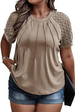 Women's Plus Size Contrast Lace Short Sleeve Tee Round Neck Summer T Shirt Tops