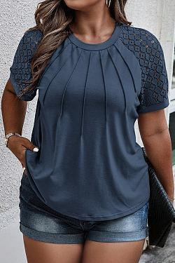 Women's Plus Size Contrast Lace Short Sleeve Tee Round Neck Summer T Shirt Tops