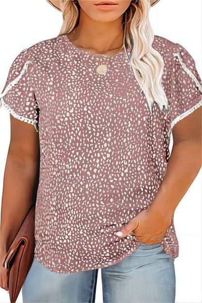 Womens Cute Floral Print Casual Crewneck Lace Crochet Short Sleeve Loose Tunic Top Plus Size