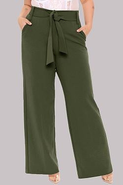 Belted Wide Leg Pants Women's Solid Color Plus Size Loose Casual Leisure Wind Pants