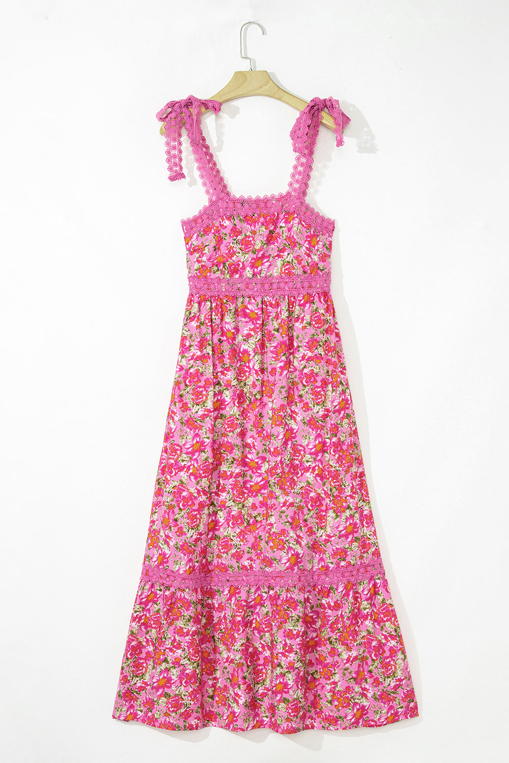 Pink Floral Lace Strap Empire Waist Maxi Dress