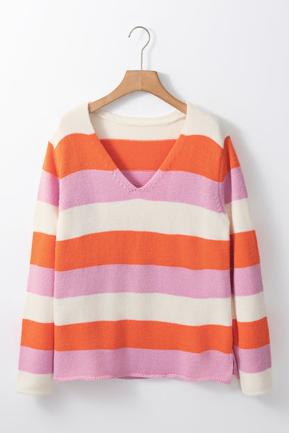 Orange Stripe Colorblock V Neck Casual Sweater