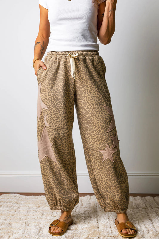 Leopard Star Patch Jogger Pants Drawstring Waist Loose