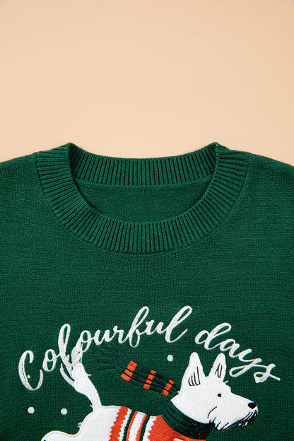 Blackish Green Abstract Dog Embroidery Christmas Fashion Round Neck Sweater