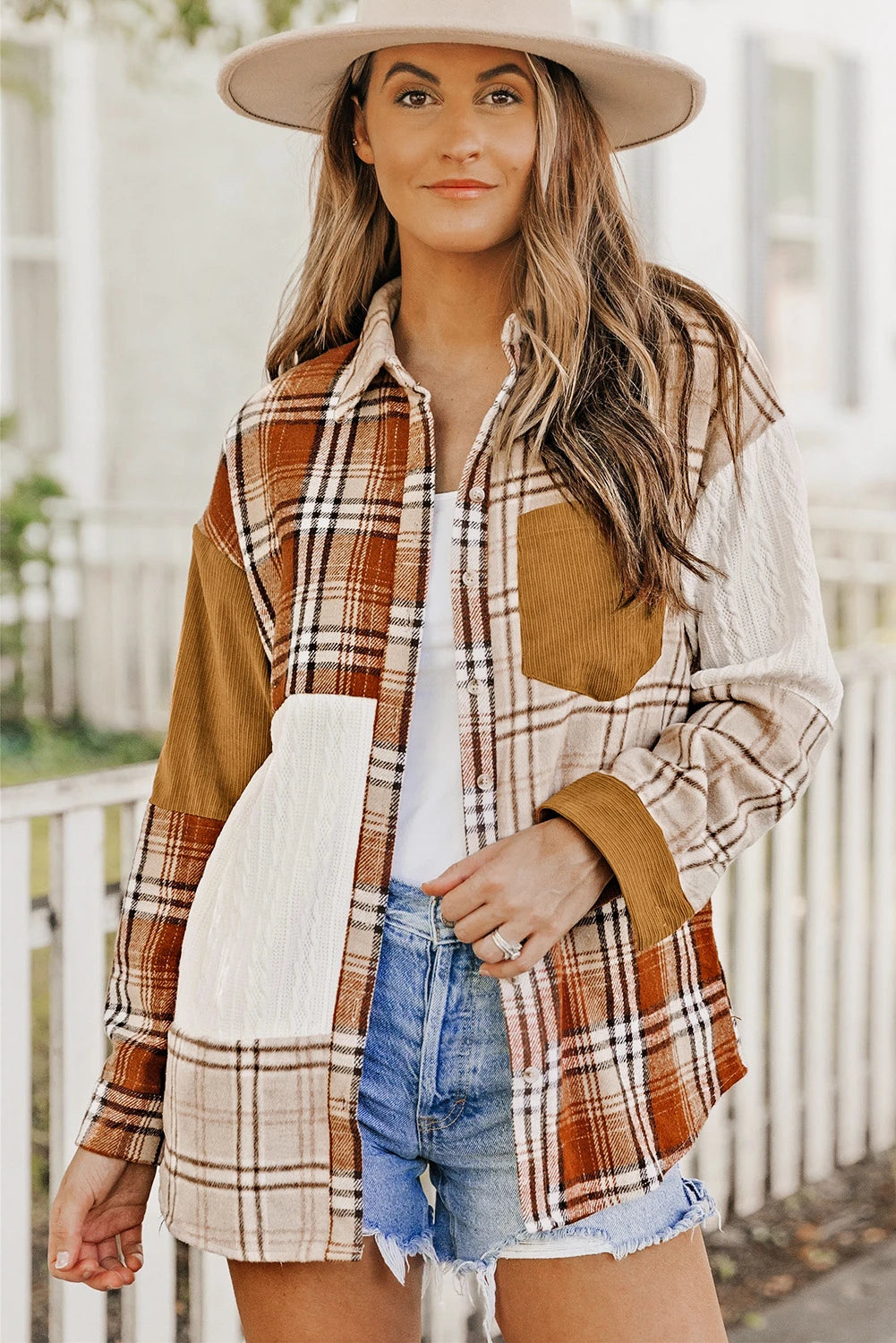 Color Block Plaid Corduroy Shacket with Pocket