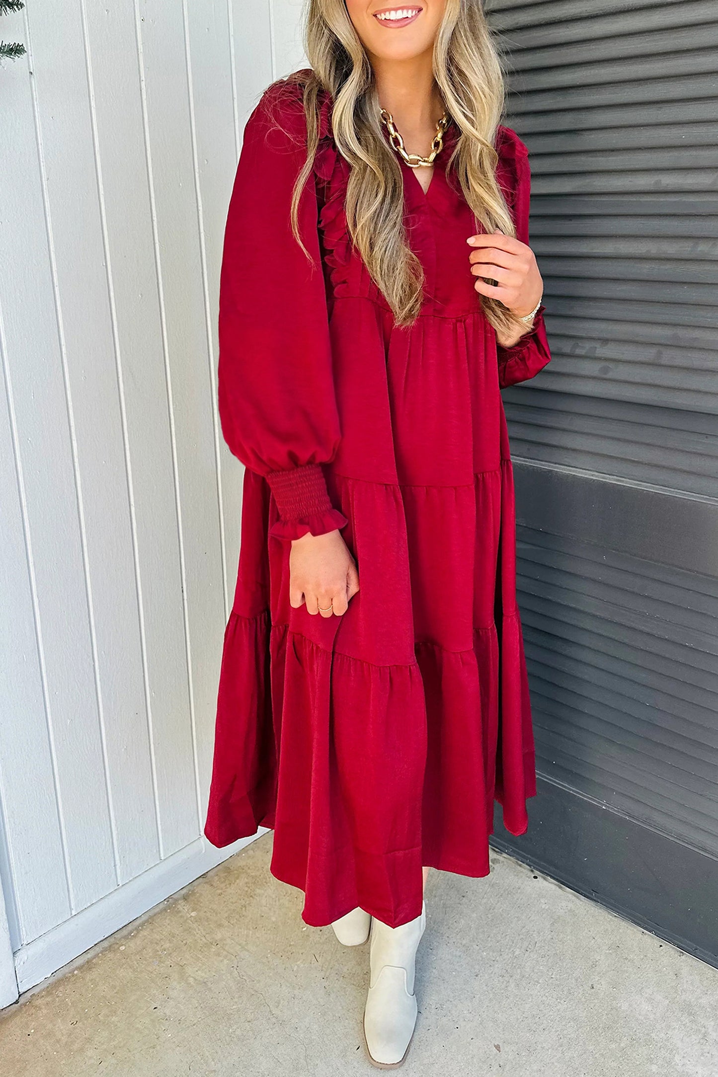 Red Ruffle V-Neck Long Sleeve Tiered Midi Dress