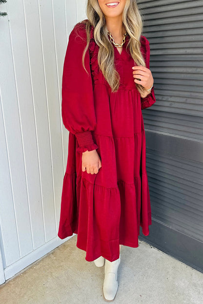 Red Ruffle V-Neck Long Sleeve Tiered Midi Dress