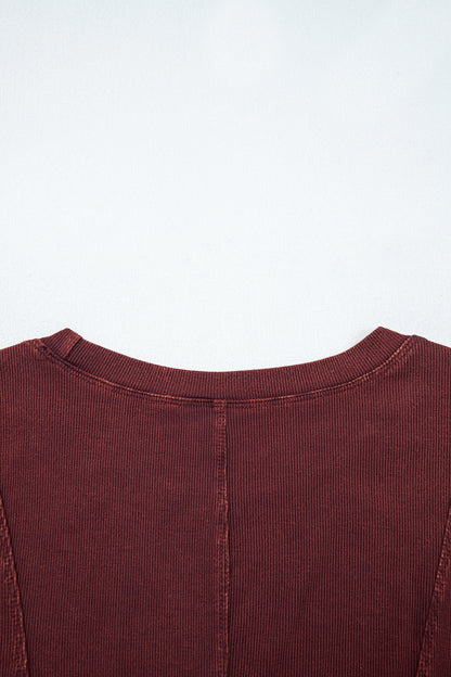 Coffee Exposed Seam Ribbed Long Sleeve Top