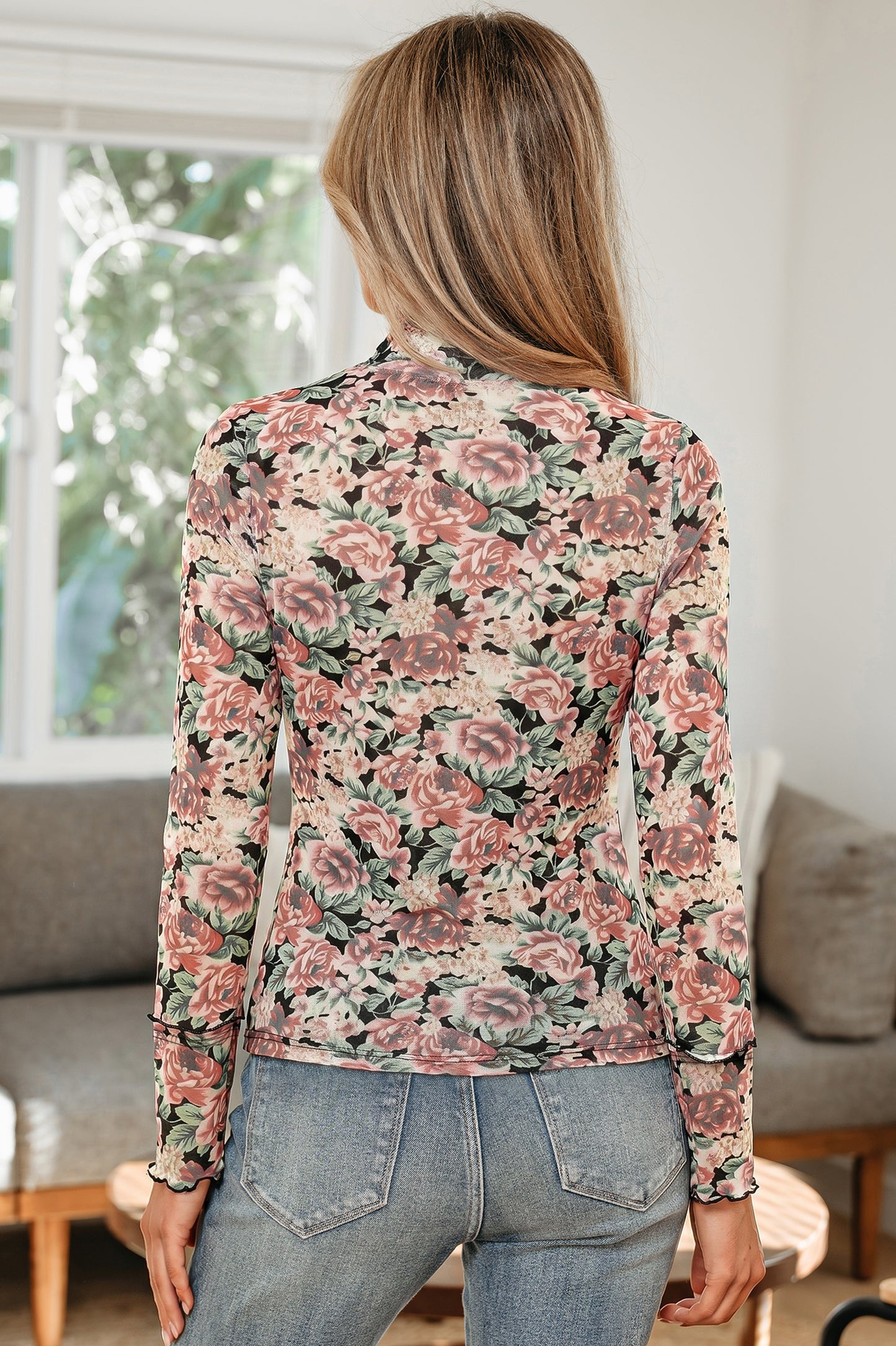Vintage Floral Mesh Long Sleeve Mock Neck Slim Fit Top