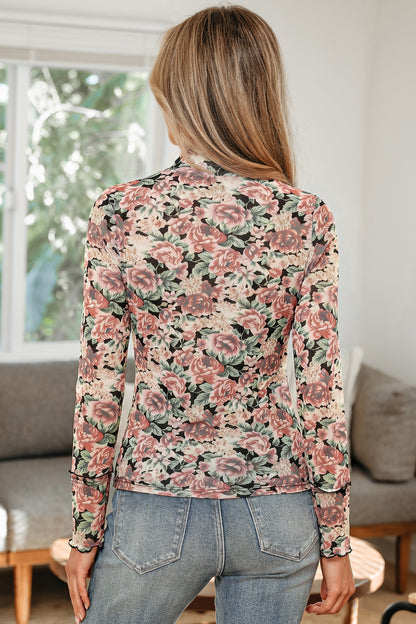 Vintage Floral Mesh Long Sleeve Mock Neck Slim Fit Top