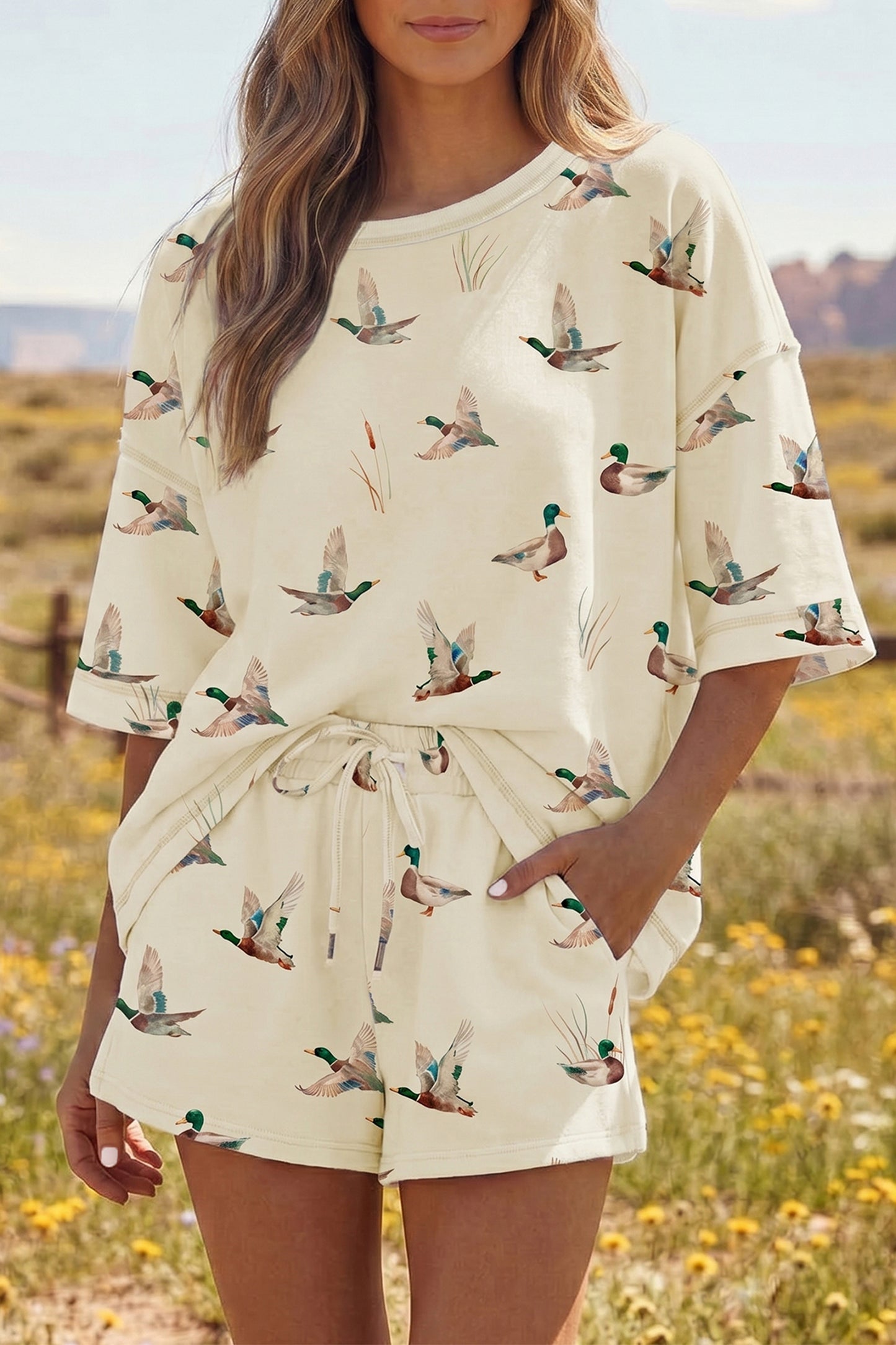 Mallard Duck Print Lounge Set Women Oversized Tee Shorts