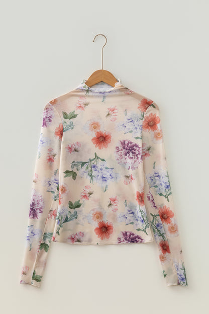Apricot Floral Mesh Mock Neck Thumbhole Long Sleeve Top