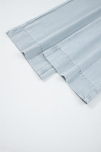 Sky Blue Pinstripe Wide Leg Jeans with Button Flap Pockets