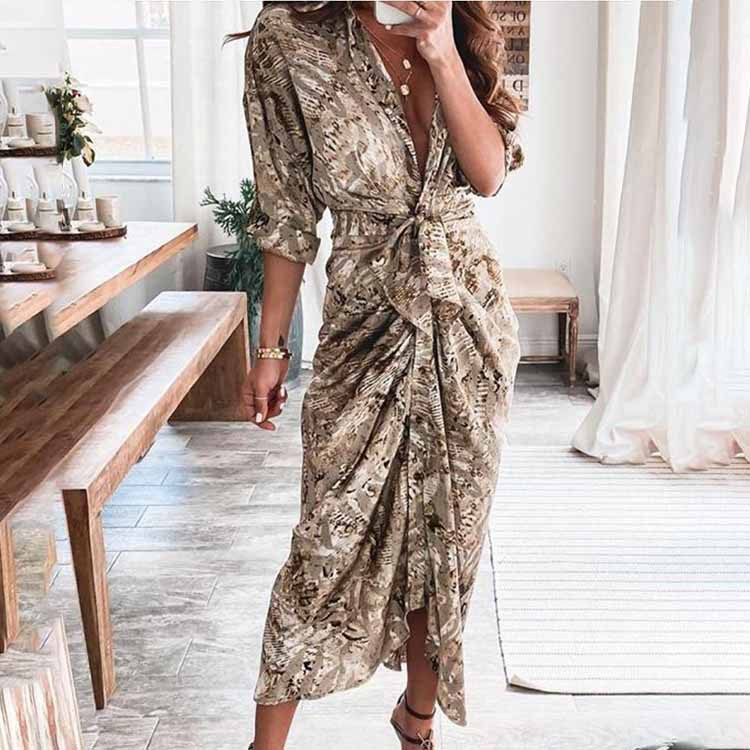 Women's V Neck Tie Front Long Sleeve Maxi Dress