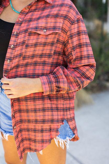 Plaid Long Sleeeve Side Split Distressed Hem Shirt