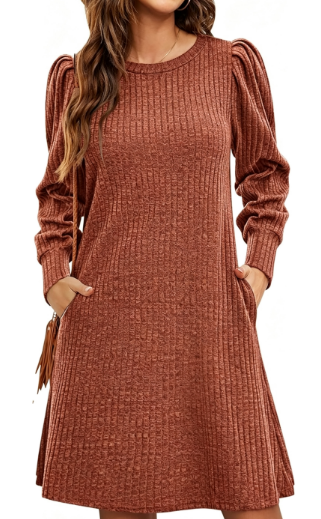 Women's Puff Sleeve Sweater Dress A-Line with Pockets