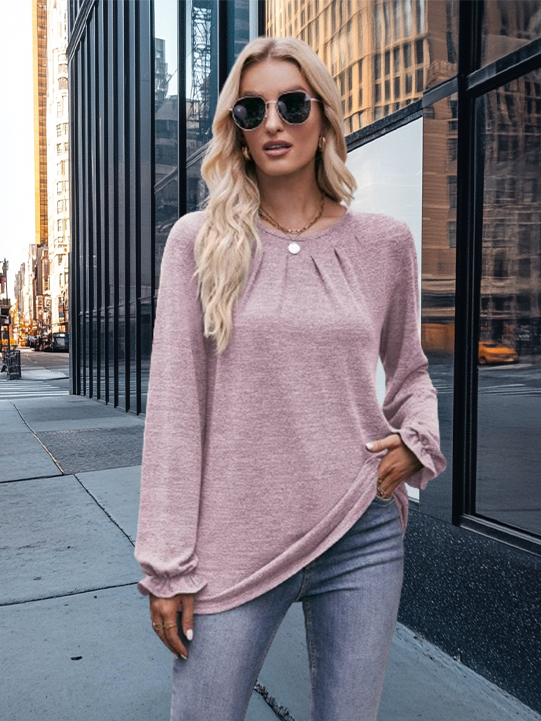 Pleated Crew Neck Long Sleeve T-Shirt with Polished Finish