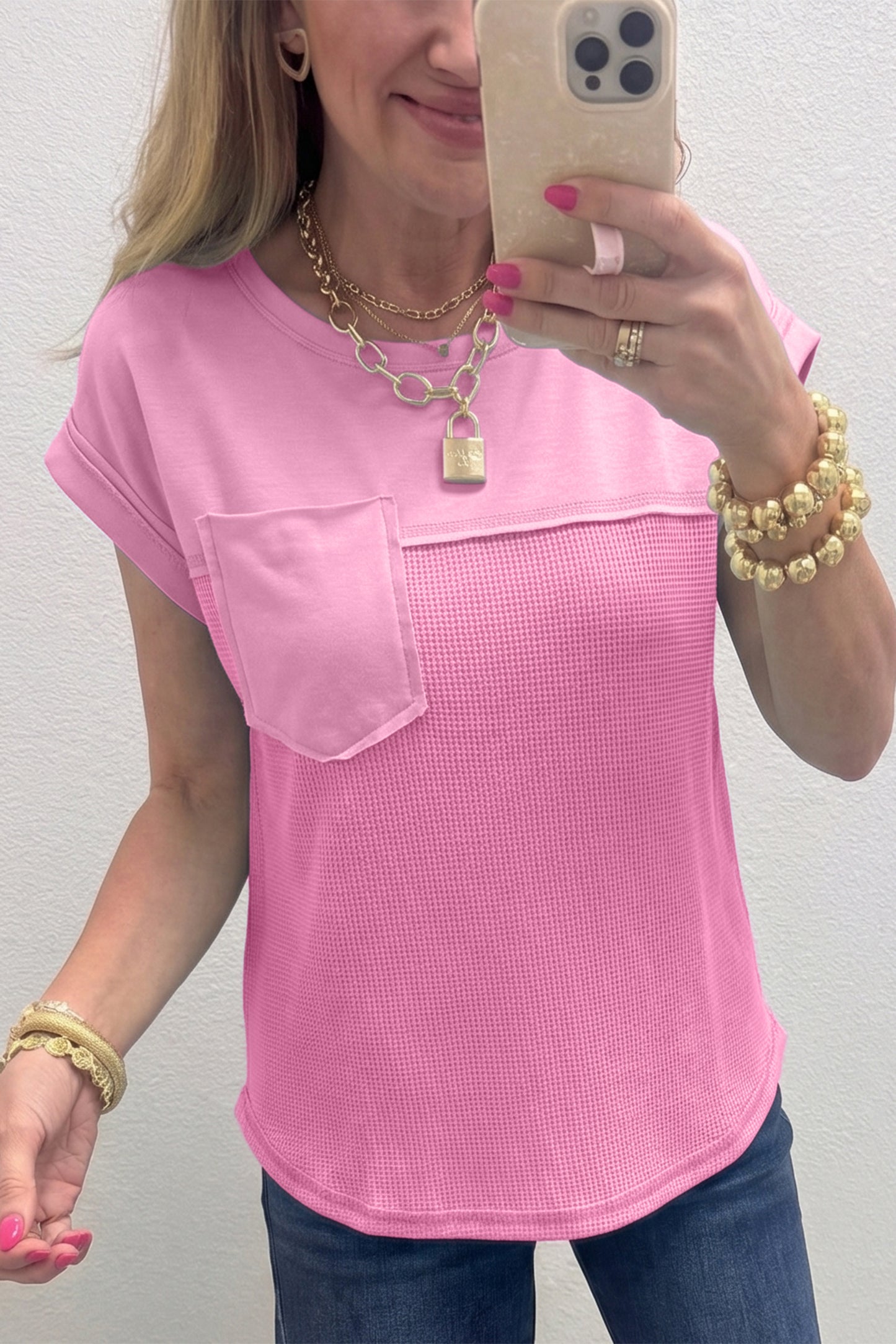 Waffle Knit Patchwork Pocket Loose Fit Casual T Shirt