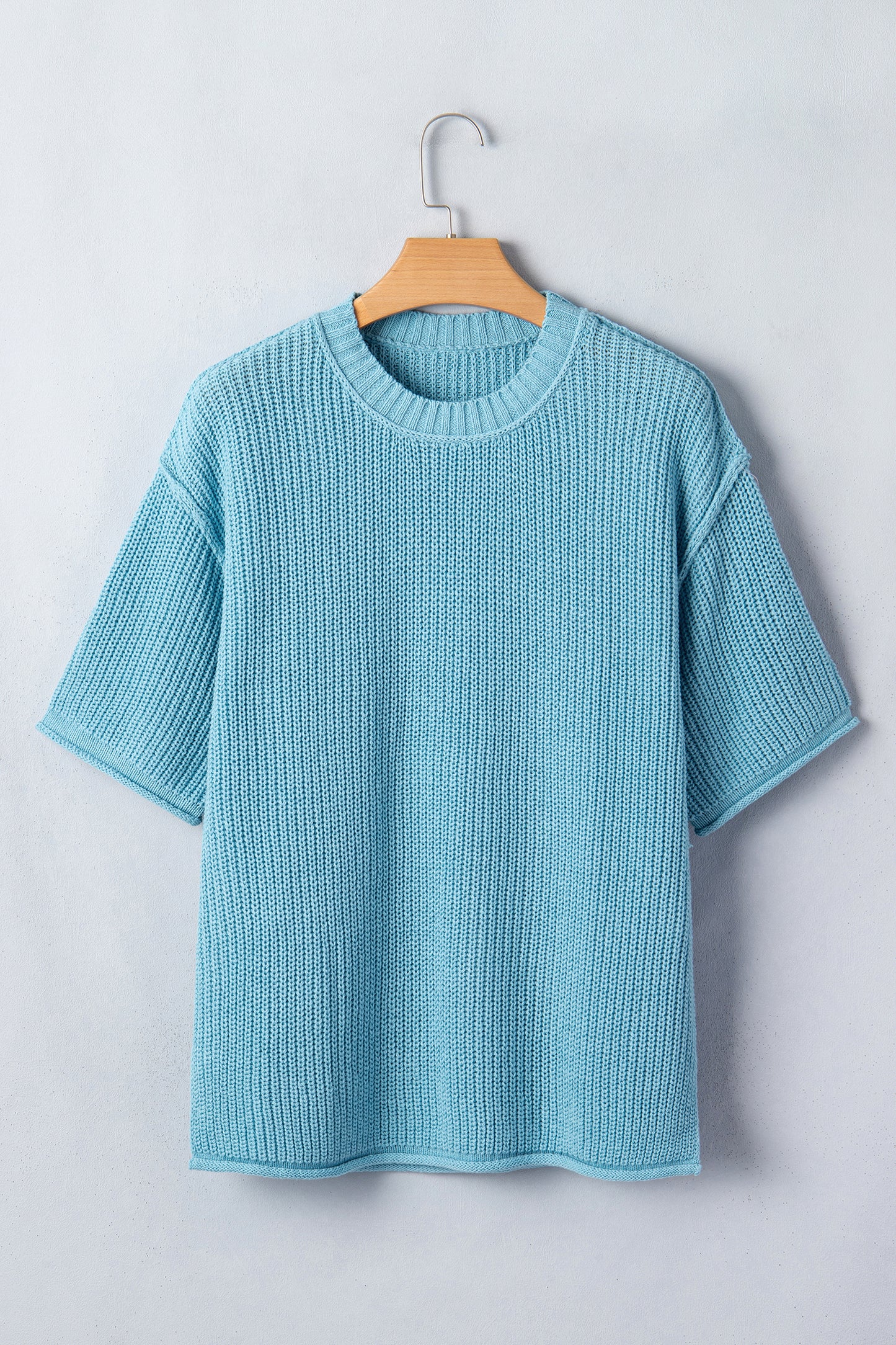 Mist Blue Waffle Knit Oversized Half Sleeve Sweater Top