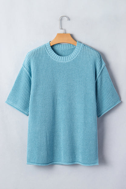 Mist Blue Waffle Knit Oversized Half Sleeve Sweater Top