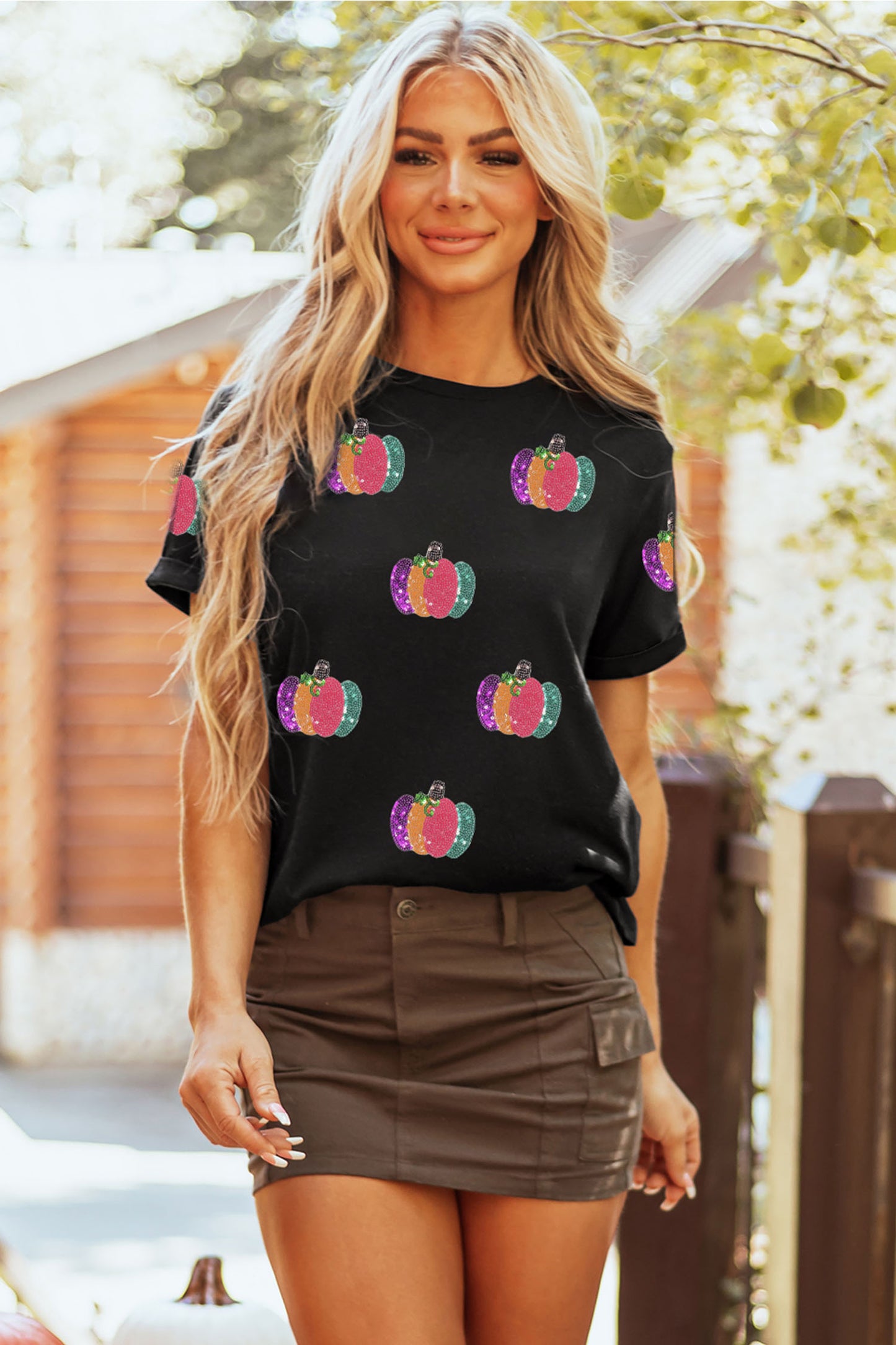 Sequin Pumpkin Graphic Tee Halloween Fall Casual Top