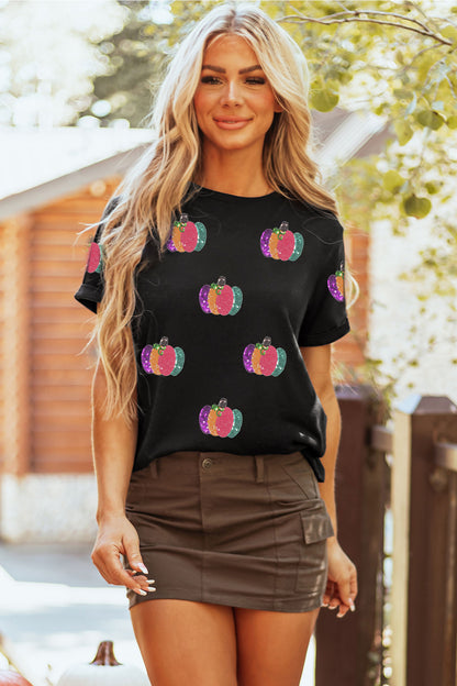 Sequin Pumpkin Graphic Tee Halloween Fall Casual Top
